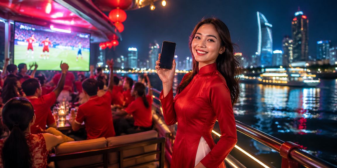 Cô gái mặc áo dài tại Sài Gòn đang đăng ký tài khoản và nhận thưởng trên điện thoại